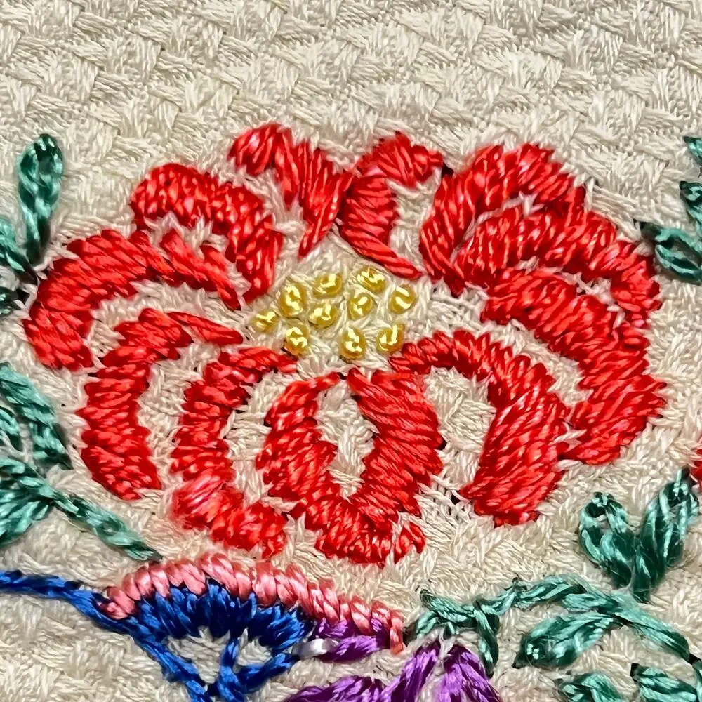Vintage 30s Embroidered Tablecloth Baskets of Flowers Multicolor 32 inch Square